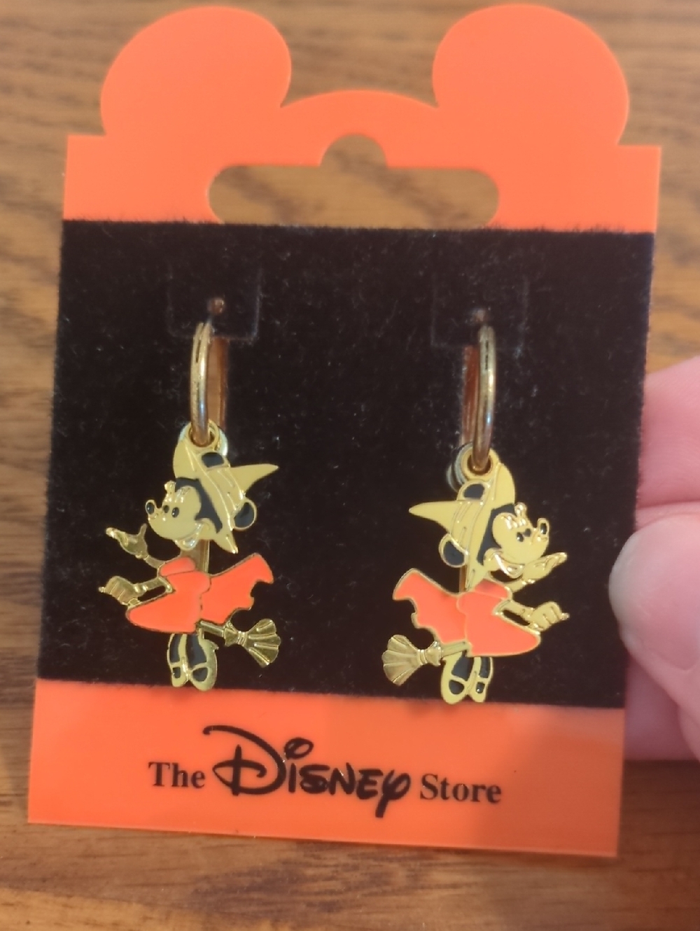 Vintage Disney Minnie Witch Halloween Enamel Hoop Earrings - Orange & Gold